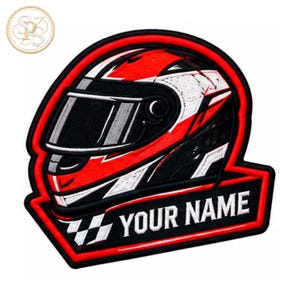 May include: An embroidered patch featuring a racing helmet in red, white, and black with a dark visor. Below the helmet is a black banner with a white checkered flag pattern on the left and the white text "YOUR NAME" centered on the right.