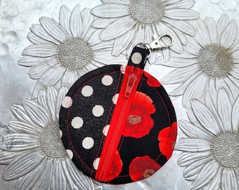 Red Poppy Keychain Coin Purse, Small Floral Keychain Case, Mini Coin Pouch, Aldi Quarter Keeper, Birthday Gift for Friend, Red and Black