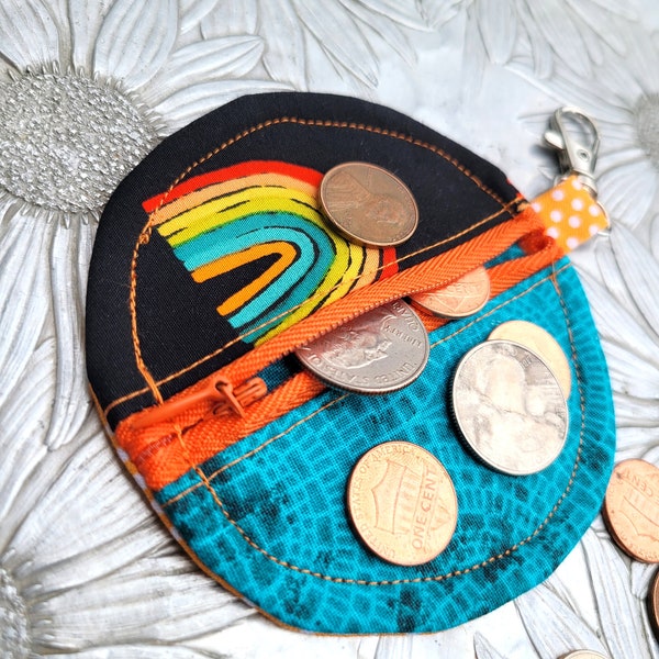 Rainbow Keychain Coin Purse, Small Keychain Case, Turquoise Mini Coin Pouch, Aldi Quarter Keeper, Birthday Gift for Friend, Rainbow Pouch