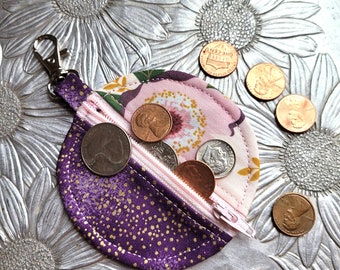 Small Keychain Coin Purse, Purple Floral Keychain Case, Mini Coin Pouch, Aldi Quarter Keeper, Birthday Gift for Friend, Cottagecore Pouch