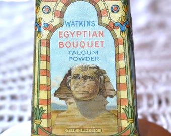 Vintage Watkins Egyptian Bouquet Talcum Powder Tin: Sphinx Pyramid Decor, Winona Minn