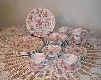 RARE find! 6 sets vintage Ironstone Double Phoenix Pink Flora Japan dinner ware plates bowls cups saucers, collectables antique dishes 36 pc