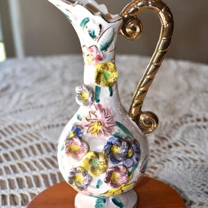Beautiful small Vintage fine china small raised floral and gold pitcher, vase