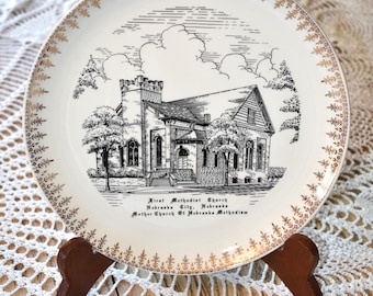 Beautiful Vintage First Methodist Church Nebraska 1953 100yr celebration commemorative decorative plate, Worldwide art studios, Covington TN