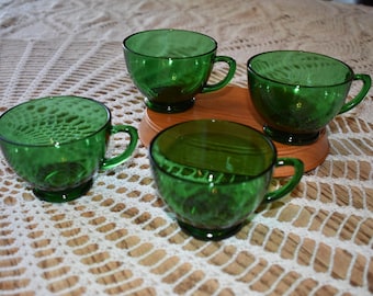 Vintage set of 4 Anchor Hocking Forest Green depression teacups, collectables, antique, glassware, dishes