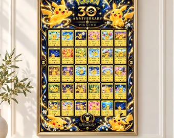 Può includere: Un poster da parete rettangolare che celebra il 30° anniversario dei Pokémon con Pikachu. Il design include una griglia di trenta carte collezionabili Pikachu individuali circondate da bordi decorativi dorati e blu a tema cosmico.