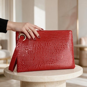 Könnte beinhalten: Eine rechteckige rote Clutch mit einer glänzenden, geprägten Krokodilleder-Textur. Die Tasche verfügt über eine passende rote Handschlaufe, die an einem goldfarbenen Metallring in der oberen linken Ecke befestigt ist.