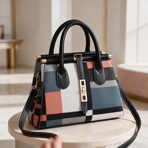 Puede incluir: Un bolso estructurado con un patrón geométrico de bloques de color en tonos negro, blanco, gris y coral apagado. El bolso incluye dos asas superiores negras, una correa de hombro desmontable y una tira vertical central con un cierre metálico dorado.