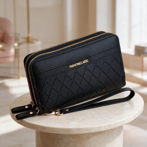 May include: A black rectangular wallet with a textured surface and a diamond-stitched pattern. It features two gold-tone zippers, a detachable wrist strap, and the text FASHION&CLASSIC in gold lettering on the front center of the exterior.