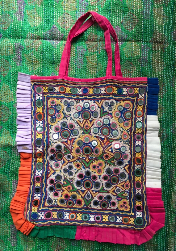 Large genuine leather Kuchi Banjara Ethnic Embroidery Mirrors Handmade Tribal Afghan Boho Shoulder Different Sides Bag.