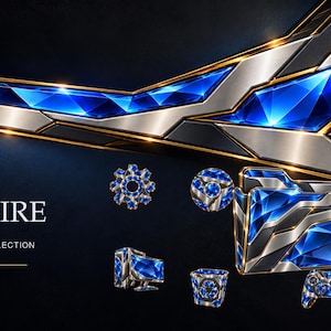 Pode incluir: Uma coleção de ícones digitais intitulada NUMISAL SAPPHIRE WINDOWS ICON COLLECTION PNG + ICO. O conjunto apresenta vários ícones de computador projetados com uma estética de safira azul facetada e prata metálica, incluindo uma pasta, câmera e controle de jogo.