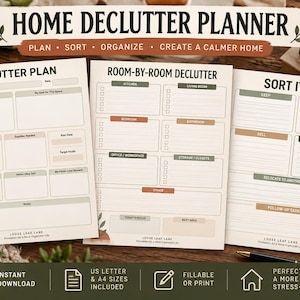 May include: A three-page Home Declutter Planner printable set featuring sections titled Declutter Plan, Room-By-Room Declutter, and Sort It Out. The pages include fillable fields, checkboxes, and lined areas in muted green, beige, and terracotta tones.