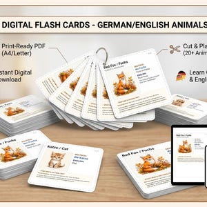Puede incluir: Un conjunto de tarjetas didácticas digitales para aprender nombres de animales en alemán e inglés. Las tarjetas incluyen ilustraciones de animales como un zorro rojo y un gato, con etiquetas en ambos idiomas. Un anillo metálico une una pila de tarjetas, junto con otras pilas y pantallas digitales que muestran el mismo contenido educativo.