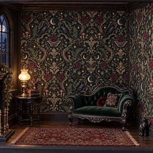 May include: A miniature room box featuring dark floral wallpaper with crows, moons, and mushrooms. A green velvet tufted settee sits on a red patterned rug. A small side table holds a glowing lamp and books near a fireplace with a candle.