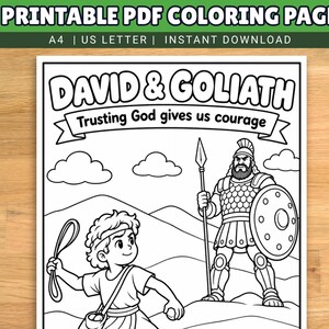 Puede incluir: Una página para colorear imprimible en blanco y negro con el texto David & Goliath y Trusting God gives us courage. La ilustración muestra a una persona joven con una honda y un gran guerrero con armadura, lanza y un escudo redondo.