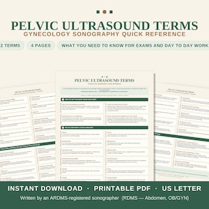 May include: A four-page pelvic ultrasound terms quick reference guide in PDF format. The document features dark green and beige text with headings including Pelvic Ultrasound Terms, Gynecology Sonography Quick Reference, and 72 Terms.