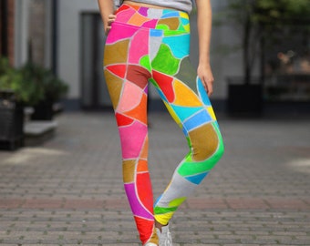 Neon Geometric Yoga Leggings, High Waisted, Hand Drawn