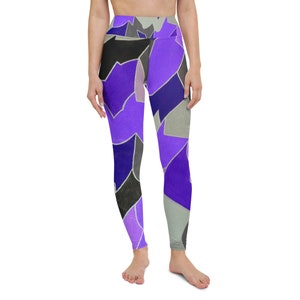 May include: Purple, blue, and gray patterned yoga leggings with a high waist.