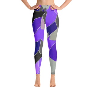 May include: Purple, black, and gray patterned yoga leggings. The leggings have a high waist and a tight fit.