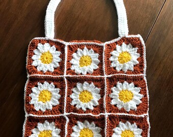 Crocheted Daisy Granny Square Beach Bag, Boho Shoulder Tote