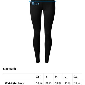 May include: Size chart for leggings with measurements in inches for waist and hips in sizes XS, S, M, L, and XL.