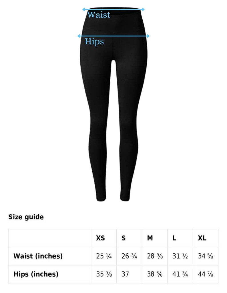 May include: Size chart for leggings with measurements in inches for waist and hips in sizes XS, S, M, L, and XL.