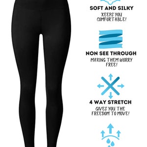May include: Black leggings with a high waist. The leggings are soft, silky, and have 4-way stretch. They are also moisture-wicking and non-see-through.