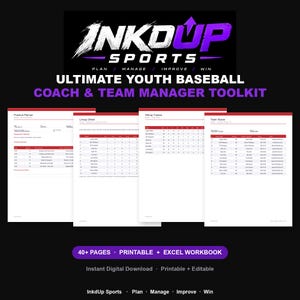 May include: A digital toolkit for youth baseball coaches and team managers titled InkdUp Sports Ultimate Youth Baseball Coach & Team Manager Toolkit. It includes printable and editable documents like a practice planner, lineup sheet, hitting tracker, and team roster.