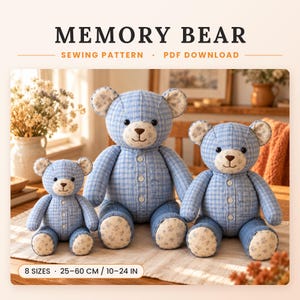 May include: Memory Bear sewing pattern PDF download featuring three stuffed bears in blue plaid fabric with white floral accents. The bears have button-down fronts and pockets. Includes 8 sizes ranging from 10 to 24 inches in height.