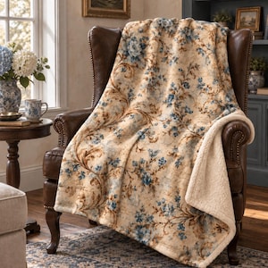 May include: A plush throw blanket featuring a cream-colored base with a repeating pattern of blue floral blossoms and brown swirling vine motifs. The blanket has a soft, textured white sherpa fleece lining visible along the folded edge.