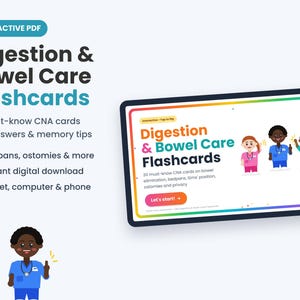May include: An interactive digital PDF titled Digestion & Bowel Care Flashcards featuring 30 CNA study cards. The screen displays three cartoon medical professionals and a Let's start button. Text includes Bedpans, ostomies & more.