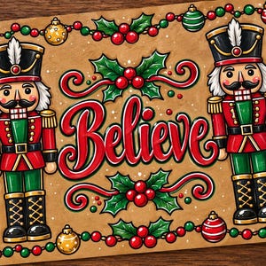 May include: A rectangular print on tan paper featuring the word Believe in red script. Two nutcrackers in red, green, and black uniforms stand on either side. The border is decorated with green holly leaves, red berries, and colorful ornaments.