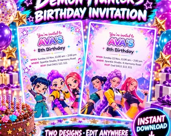 May include: Two Demon Hunters birthday invitation templates featuring purple and pink gradients, star and music note accents, and text for Ava's 8th birthday. The designs include cartoon and anime-style characters, event details, and an instant download label.
