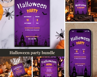 Kit de Festa de Halloween, Convite de Halloween Editável, Convite Digital, Menu de Halloween, Etiquetas de Lembrança, Placa de Boas-Vindas