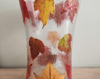Pressed Leaf Glass Lantern - Handmade Autumn Candle Holder, Real Pressed Leaves, Fall decor