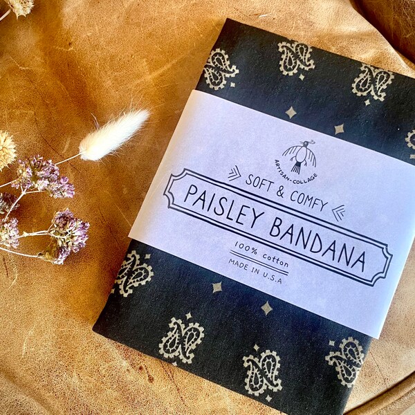 Artisan-Collage Soft & Comfy Paisley Black Bandana, Made in USA, 100% Cotone