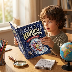 May include: A dark blue hardback book titled Building the 100000 Whys Fun and Joyful Science featuring illustrations of a roller coaster, a dinosaur, and space elements. The book is held open, displaying a detailed cover design with white text.