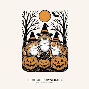 May include: A digital illustration featuring three orange toads wearing black witch hats, positioned behind three carved jack-o'-lanterns. The scene includes bare trees, a full moon, and a bat against a cream background. Text reads DIGITAL DOWNLOAD 300 DPI + PNG.
