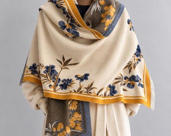 Botanical Jacquard Scarf Wrap - Floral Soft Scarf Blanket for Women