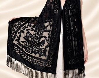 Velvet Burnout Fringe Shawl, Floral Evening Wrap for Evening Dress