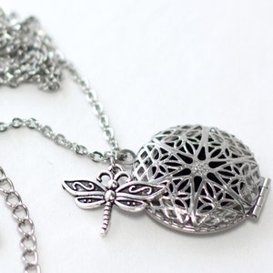 May include: A silver chain necklace with a silver locket pendant and a dragonfly charm. The locket has a filigree design and a hinged lid.