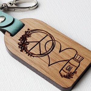 Engraved Wood Keychain, Keychain for Essential Oil User, Gift for Essential Oil Lover, Essential Oil Accessory, Peace Love Oils