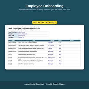 May include: A digital New Employee Onboarding Checklist template for Excel and Google Sheets. The document features a table with columns for Phase, Task, Owner, Done, and Notes, including fields for New Hire Name, Position, Start Date, and Manager.
