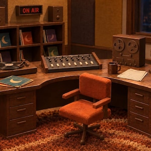 Puede incluir: Un set de estudio de radio en miniatura que incluye un escritorio de madera, una silla giratoria naranja, un tocadiscos, una consola de mezclas, un magnetófono de bobina, un micrófono, auriculares y un estante con discos. Un letrero ON AIR está montado en la pared.