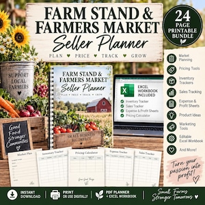 May include: A 24-page printable Farm Stand and Farmers Market Seller Planner bundle. Includes a spiral-bound planner, an Excel workbook, and various tracking sheets for market planning, pricing, inventory, expenses, and sales, featuring farm imagery.