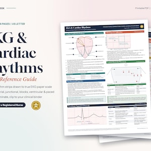 Può includere: Una guida di riferimento rapido stampabile di sei pagine su EKG e ritmi cardiaci in formato US Letter. Il documento presenta diagrammi dettagliati delle vie di conduzione cardiaca, calibrazione della carta EKG, posizionamento degli elettrodi e strisce.