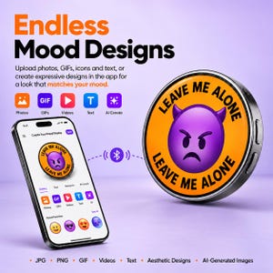 Pode incluir: Um smartphone exibindo uma interface de aplicativo ao lado de um dispositivo de exibição digital circular. A tela e o dispositivo mostram um fundo laranja com um emoji de diabo roxo e o texto LEAVE ME ALONE. Um ícone Bluetooth conecta os itens.