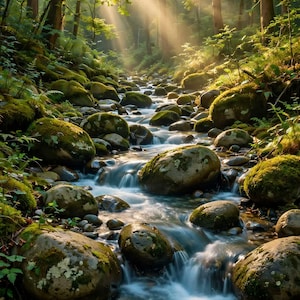 Könnte beinhalten: Ein fließender Bach schlängelt sich durch einen dichten Wald voller moosbedeckter Felsen und Steine. Sonnenlicht dringt durch die hohen Bäume und erzeugt helle Strahlen, die das Wasser und die umliegende üppige grüne Vegetation beleuchten.