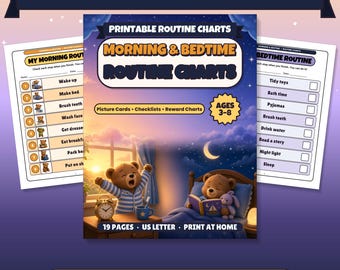 Pacchetto di tabelle per la routine mattutina e serale per bambini dai 3 agli 8 anni / Schede illustrate stampabili, liste di controllo, tabelle dei premi, formato US Letter