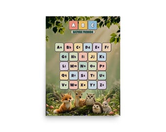 Poster dell'alfabeto ABC Nature Friends, decorazione murale per cameretta e aula con animali del bosco.